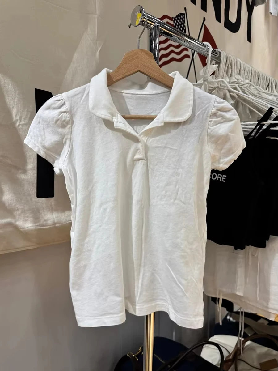 Cute White Polo T-shirt Women Summer New Strweetwear Cotton Turn Down Collar Short Sleeve Tees Sweet Preppy Style T Shirt Spring