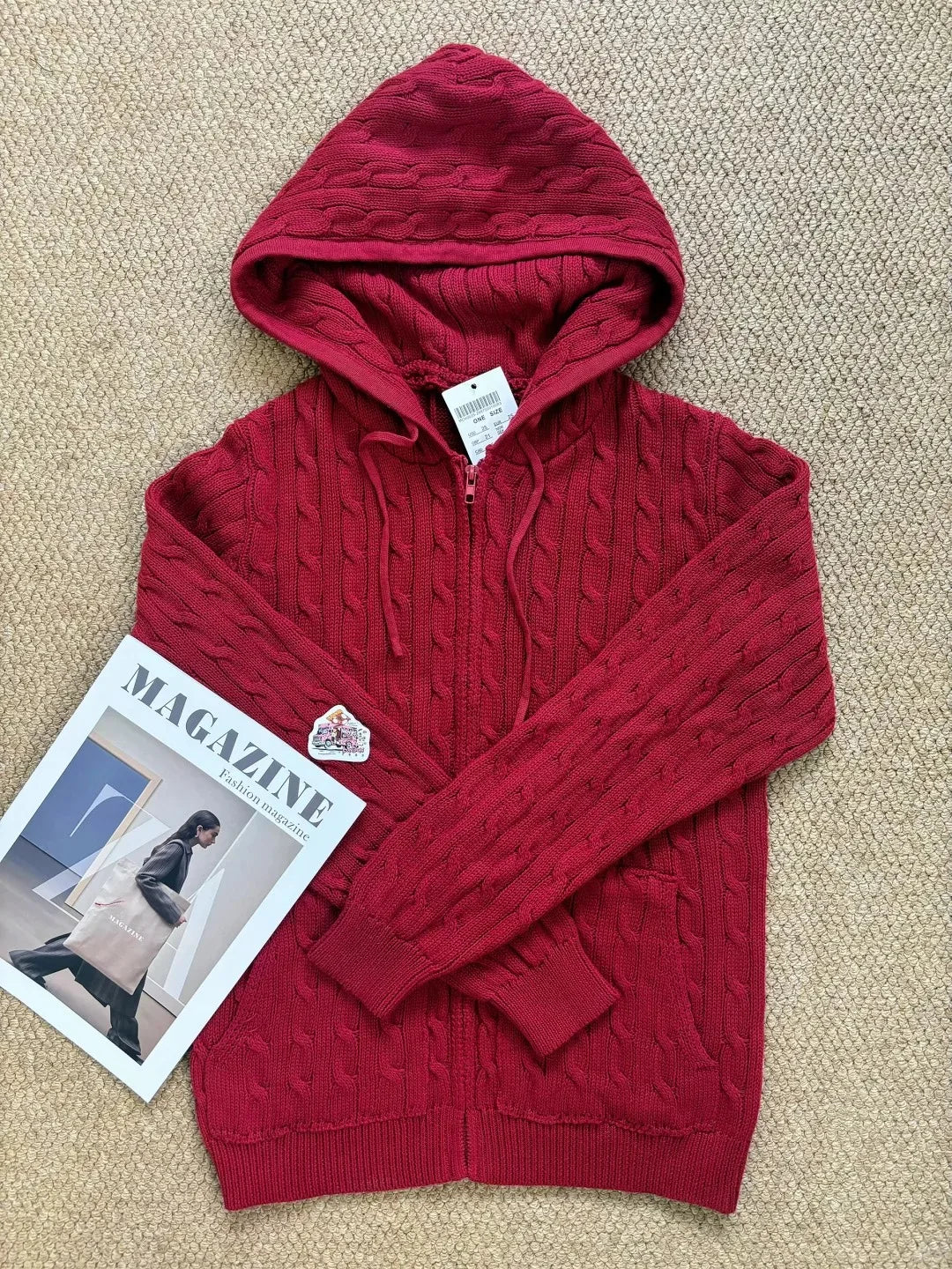 OOTD Red Twisted Flower Hooded Zipper Coat Women Fall Winter Long Sleeve Pocket Knit Cardigan Sweater Vintage Chic Knitwear