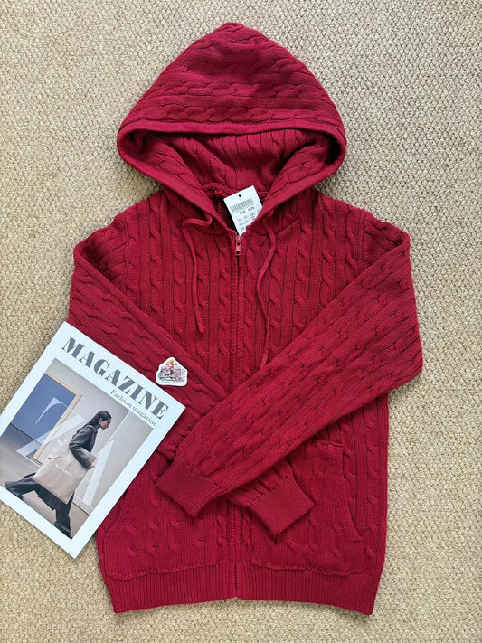 OOTD Red Twisted Flower Hooded Zipper Coat Women Fall Winter Long Sleeve Pocket Knit Cardigan Sweater Vintage Chic Knitwear