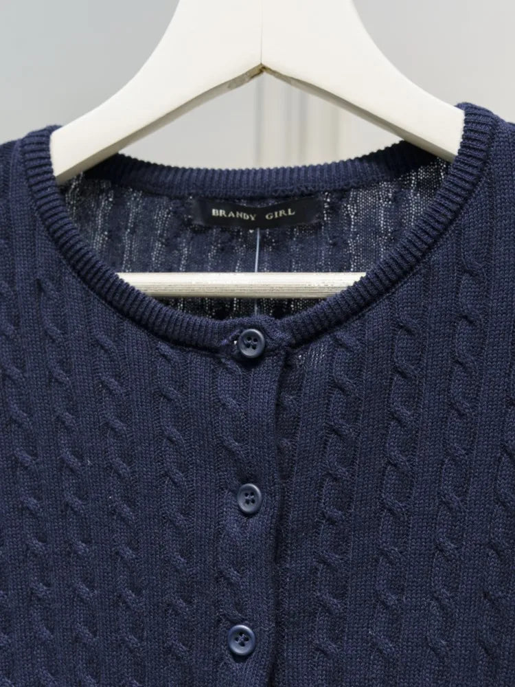 Navy Twist Knitted Cardigan Women Autumn Simple O-neck Casual Preppy Style Long Sleeve Jumper Vintage Cute Basic Sweater Tops