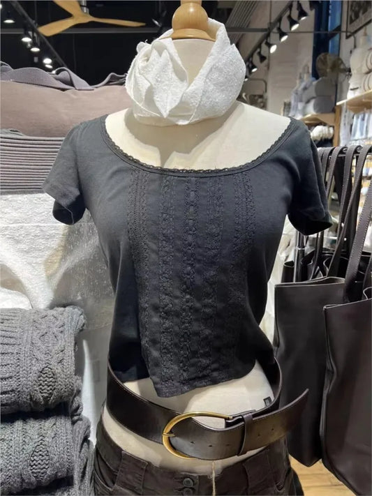 Black Lace Trim Tshirt Women Summer Simple Cotton Slim Crew Neck Short Sleeve Cropped Tees Vintage Streetwear Chic T-shirts Y2K