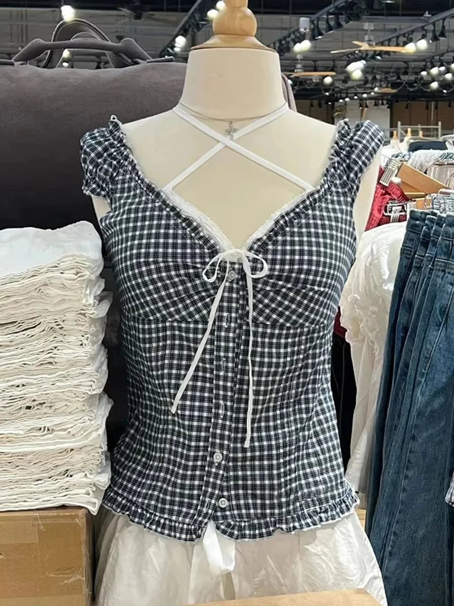 Navy Floral Folds Ruffle Sleeveless Tank Tops Women Summer New Single Breasted Blouse Top Vest Vintage Sweet Preppy Style Camis