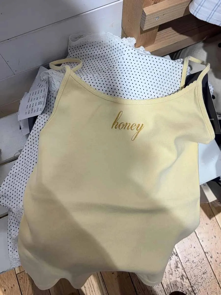 Yellow Letter Embroidery Crop Top Women Lace Trim Cotton Slim Sleeveless Camisole Clothes Sweet Cute Preppy Style Tank Tops Y2K