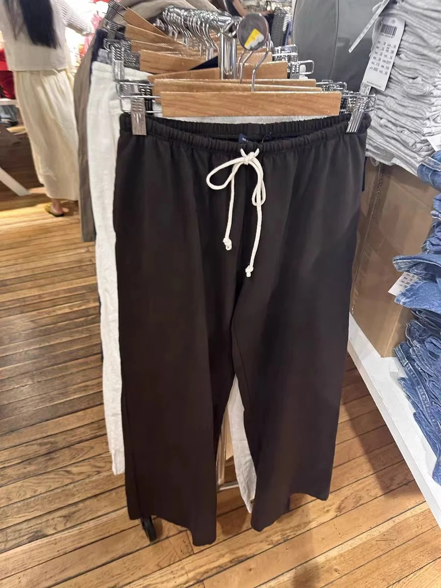 Retro Brown Drawstring Trousers Women Casual Cotton Soft High Waist  Straight Sweatpants Vintage Sweet Sport Long Pants Y2K New