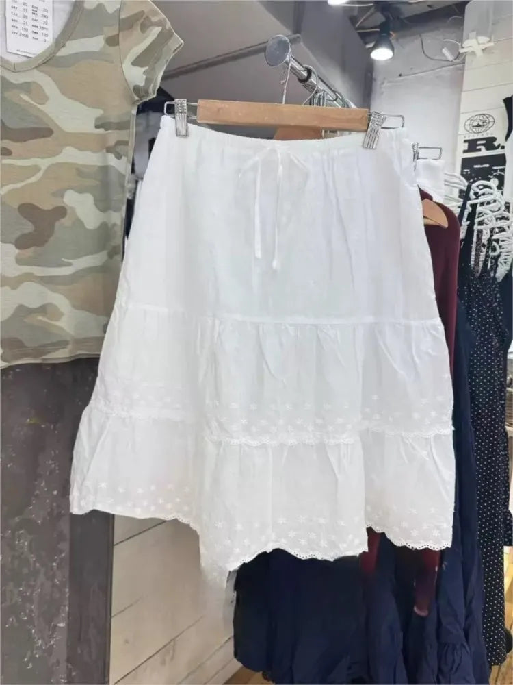 Floral Embroidery Lace Trim Midi Skirt Women White Waist Lace-up Ruffle A-line Faldas Sweet Casual Preppy Style Short Skirts