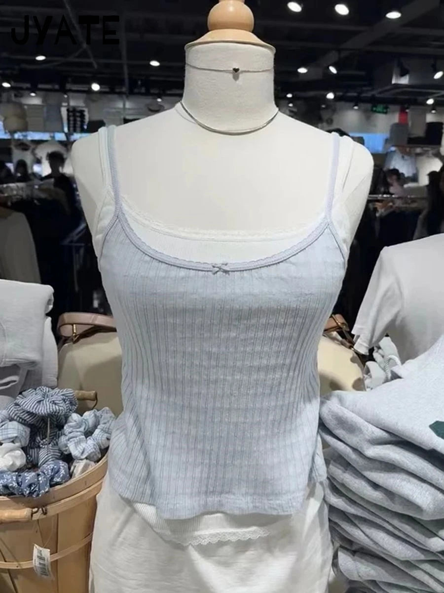 Fashion Blue Bow Texture Cotton Tank Tops Women Casual Cotton Lace Trim Summer Slim Cropped Vest Sweet Cute Vintage Camisole Y2K