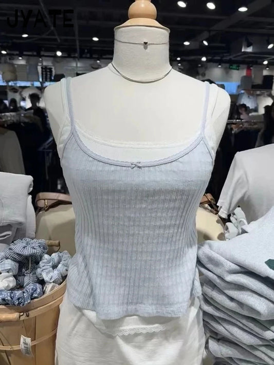 Fashion Blue Bow Texture Cotton Tank Tops Women Casual Cotton Lace Trim Summer Slim Cropped Vest Sweet Cute Vintage Camisole Y2K