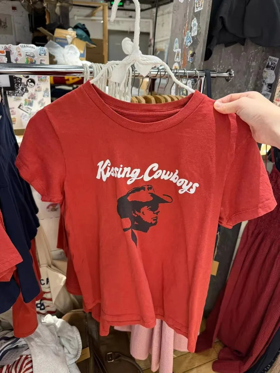 Red Cowboy Print Cotton T-Shirt Women Summer New Casual O-neck Short Sleeve Tee Shirts Vintage Preppy Style Cute Tshirt Y2K Tops
