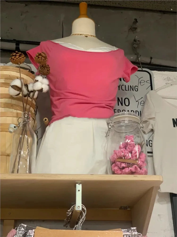 Rose Pink Slash Neck Crop Tops Women Summer Simple All-match Cotton Casual Slim T-shirts Sweet Cute Preppy Style Cropped Tees