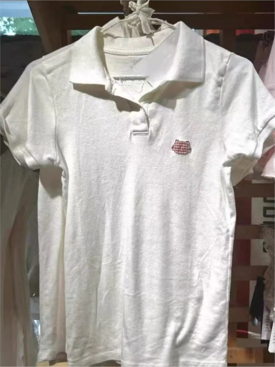 Cute Cat Plaid Polo T-shirt Women Summer New Strweetwear Cotton Turn Down Collar Short Sleeve Tees Sweet Preppy Style T Shirt