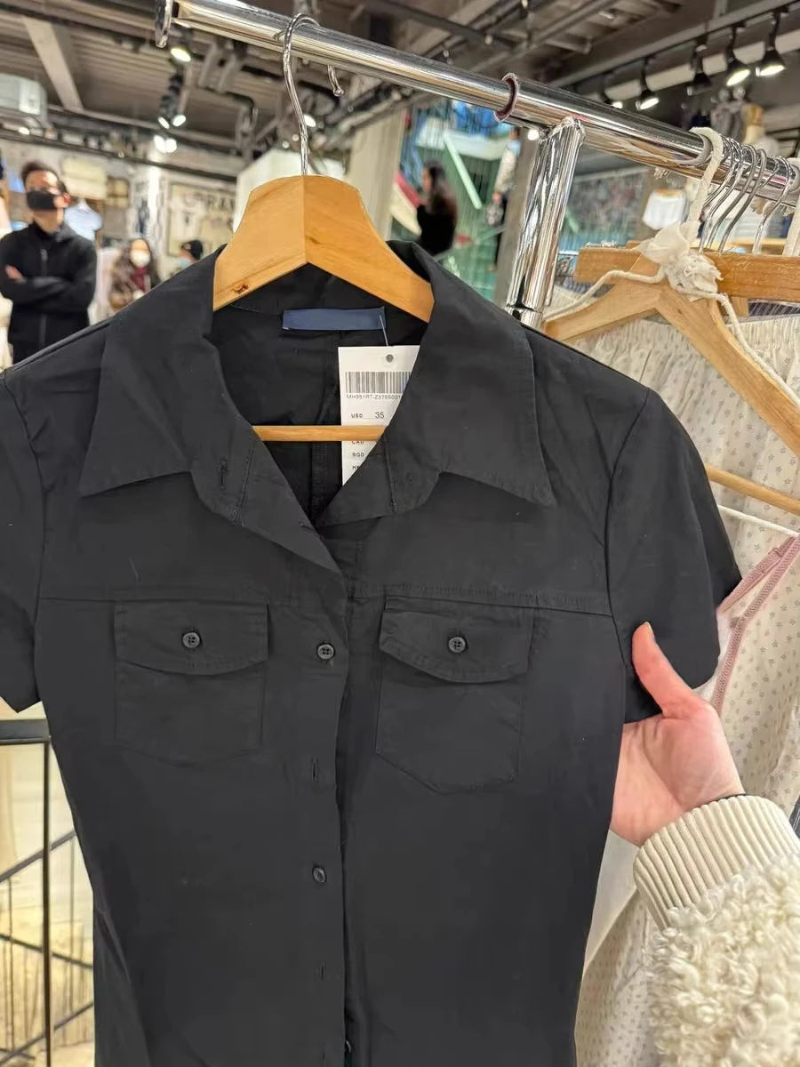 Black Pockets Blouse Shirt Dresses Women New Turn Down Collar Single Breasted Short Sleeve Vestidos Sweet Vintage Y2K Mini Dress