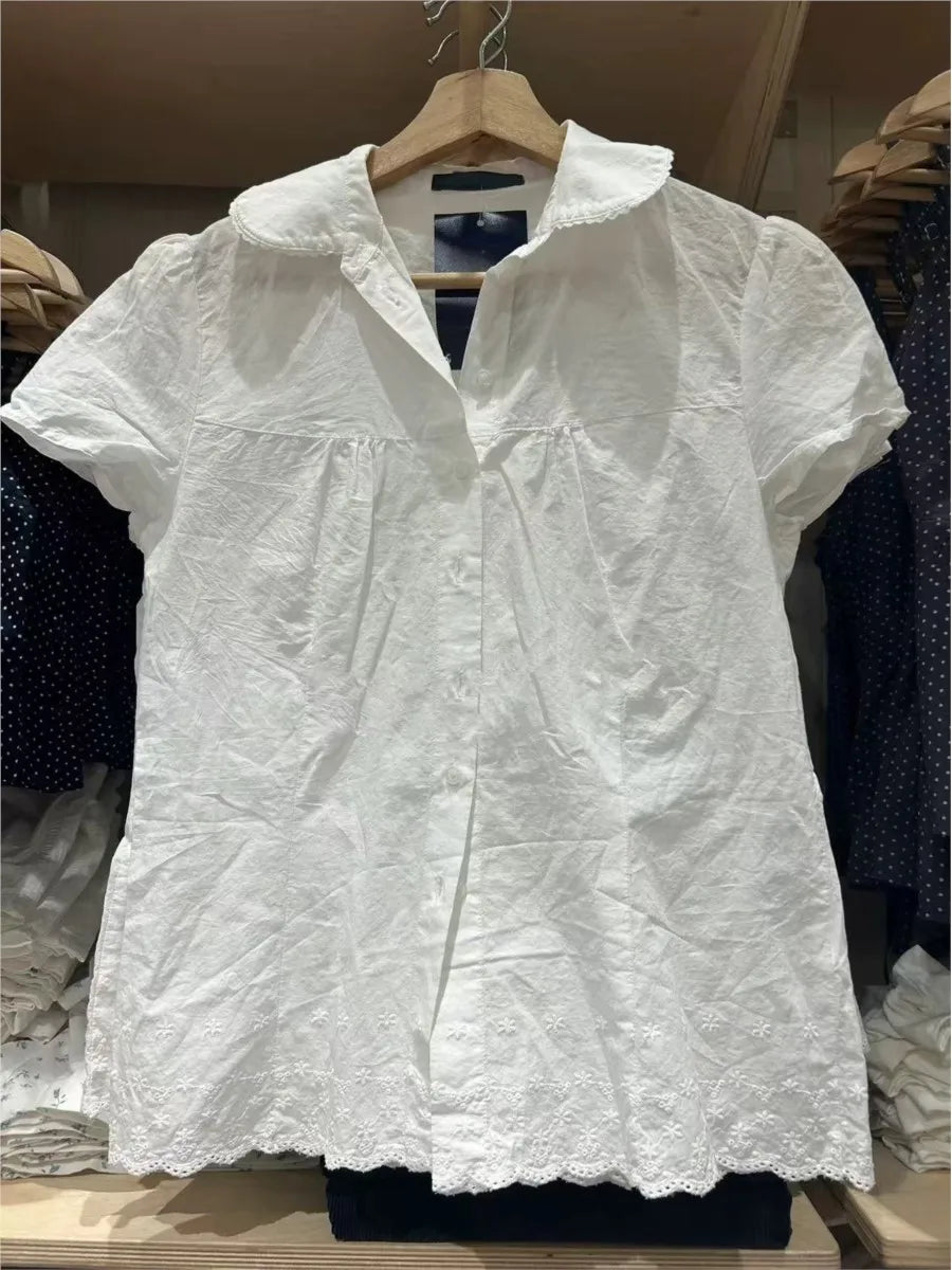 Lace Trim White T-shirt Blouse Women Casual Pan Collar Single Breasted Short Sleeve Tee Sweet Cute Preppy Style T-shirts Y2K New