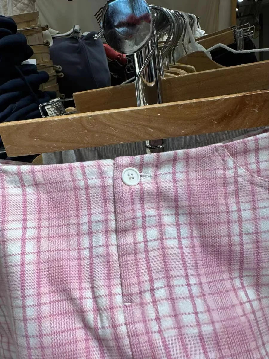 Sweet Pink Plaid Mini Cargo Skirts Women Summer Streetwear Casual Cotton Slim Sexy Low Rise Skirt Preppy Style Cute Y2K Falda