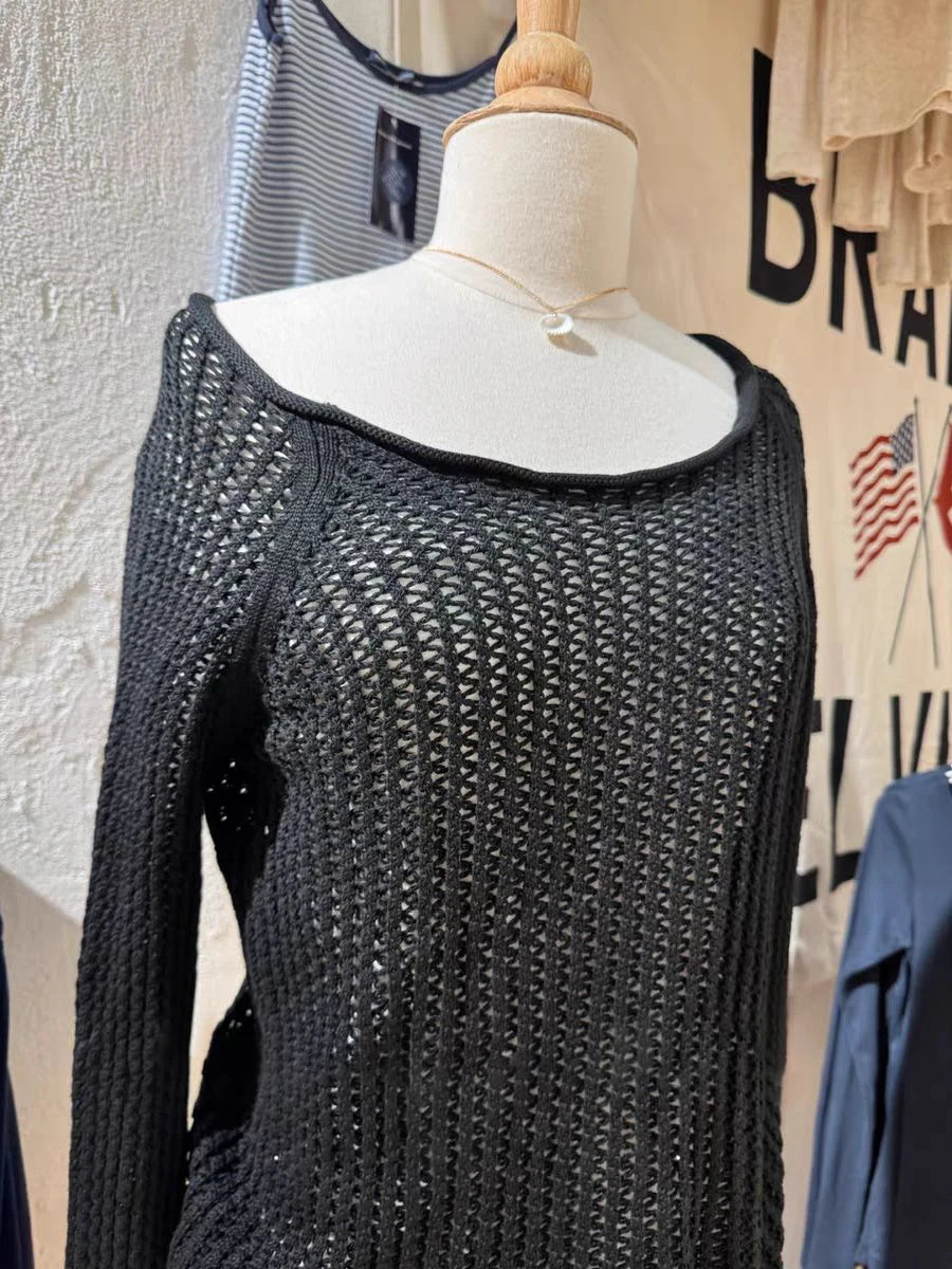 Black Hollow Out Slim Long Sleeve Tee Women Summer New Scoop Neck Transparent Smock American Tops Cute Vintage Sexy Y2K T-shirts