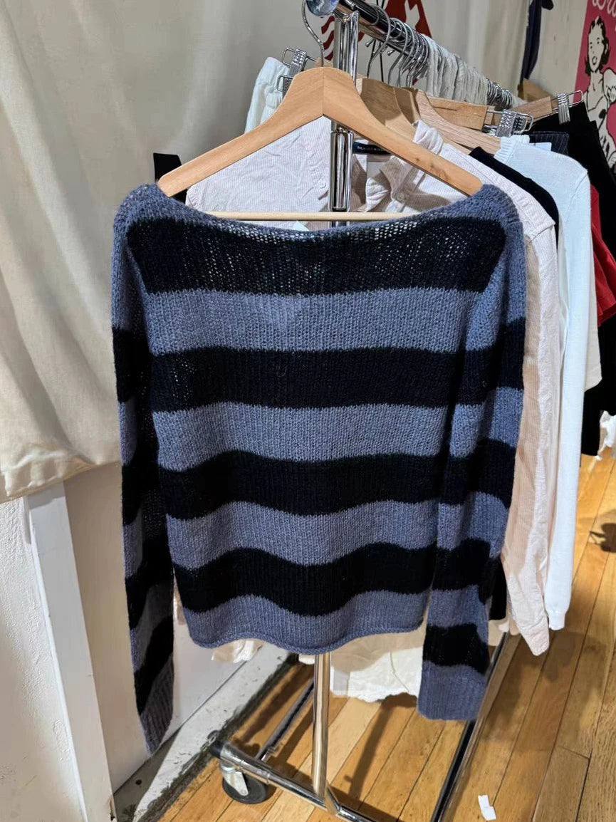Vintage Striped Hollow Out Mohair Long Sleeve T-Shirt Women Sweetwear Scoop Neck Cotton Thin Smock Sweet Cute Tee Shirt Tops Y2K