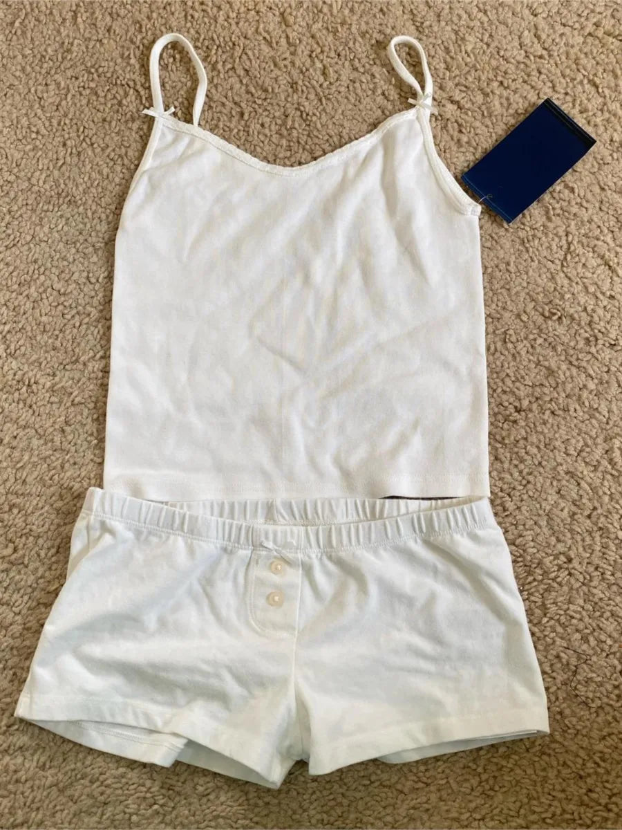 Lace Trim Bow Tank Tops Shorts Cotton Outfits Women Summer V-neck Vest+Buttons Straight Boxer Short Pant Cute Home Pajama Sets
