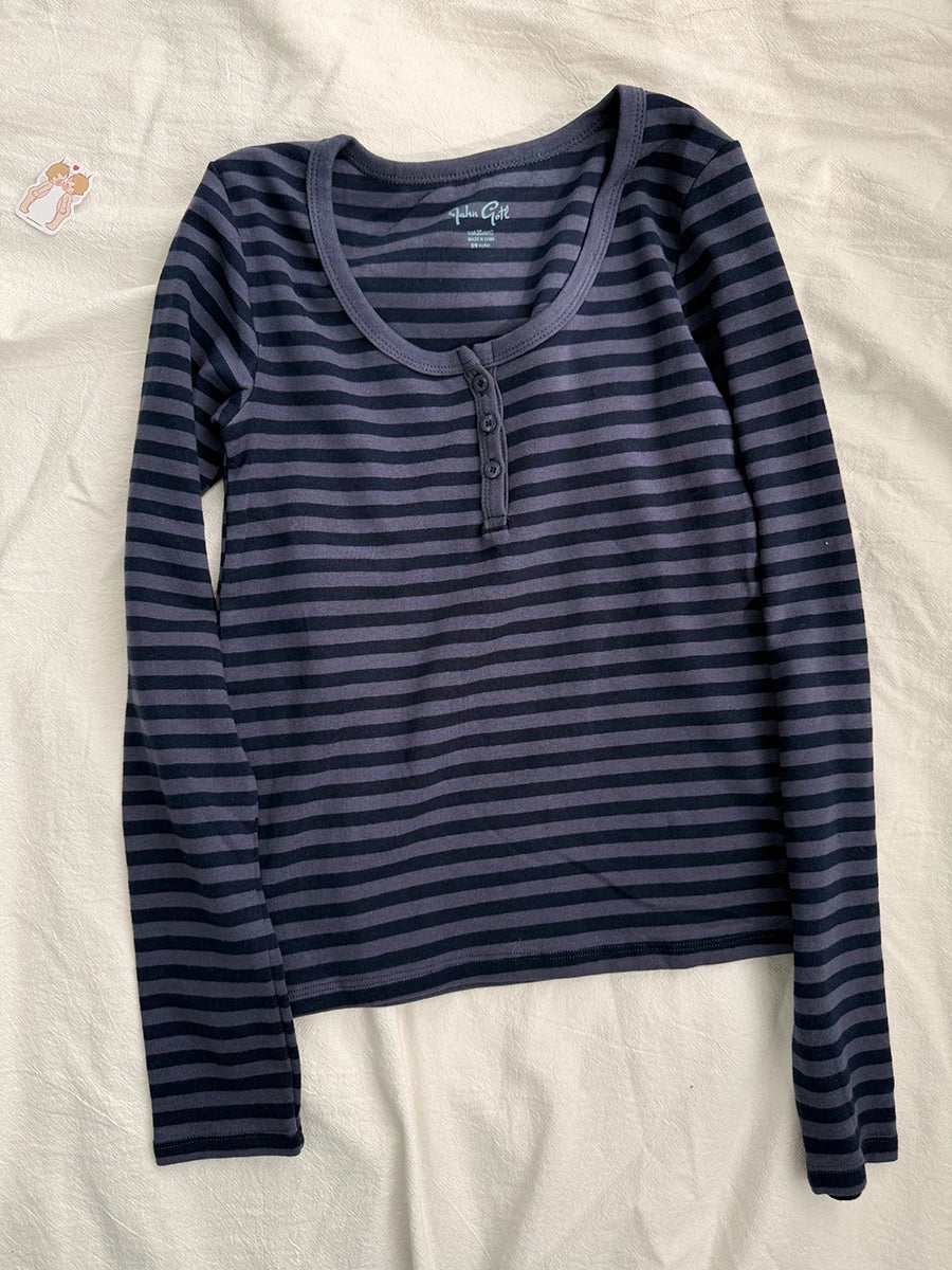 Navy Striped 2 Piece Sets Women Vintage Buttons Cotton Long Sleeve Tee Straight Trousers Home Sweet T-shirt Pant Pajama Set Y2K