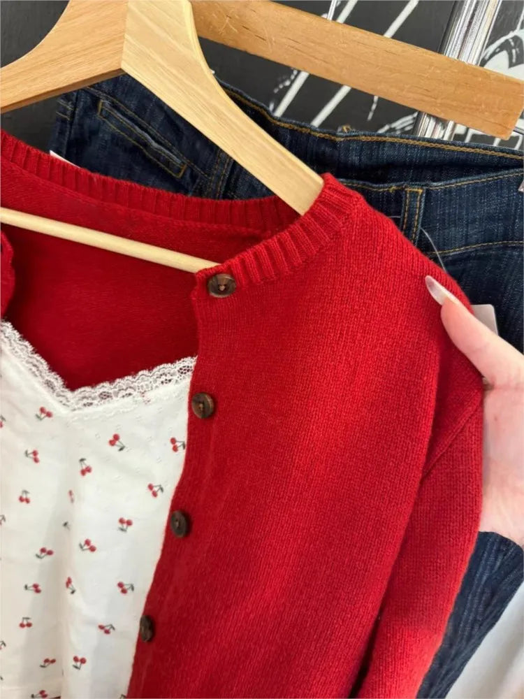 Christmas Red Knitted Sweater Cardigan Autumn Round Neck Single Breasted Cotton Knitwear Casual Vintage Chic Y2K Sweaters Coat