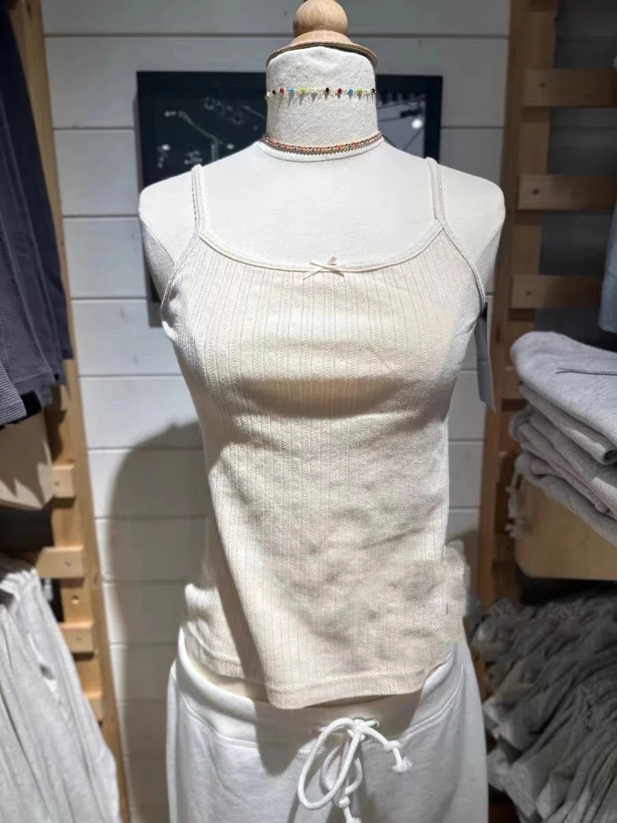 Sweet Pink Eyelet Bow Tank Tops Women Summer Casual Cotton Slim Lace Trim Sleeveless Vests Cute Preppy Style Camisole Y2K Top