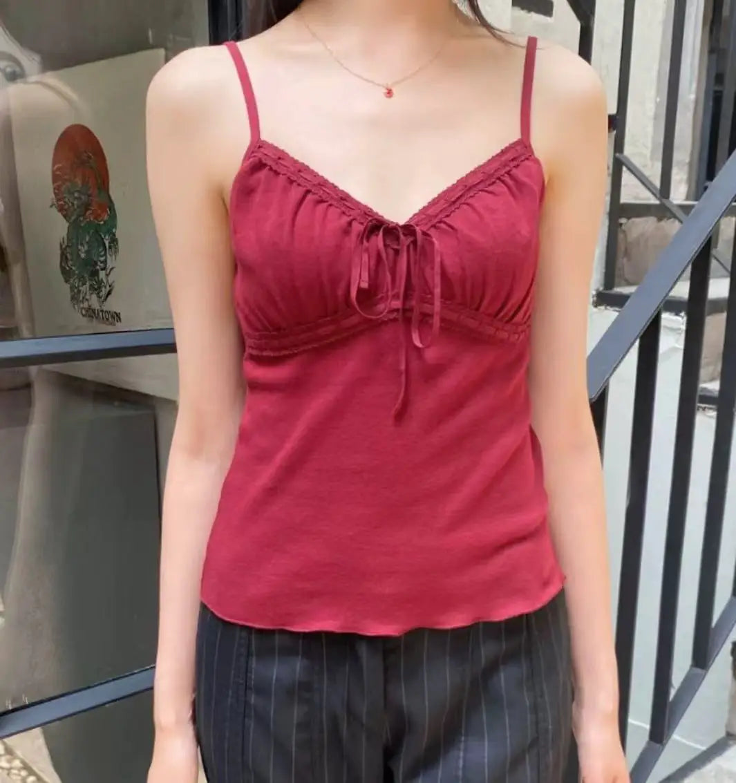 Sweet Pink Folds V-neck Tank Tops Women Summer New Casual Slim Lace-up Sleeveless Vests Cute Preppy Style Simple Camisole