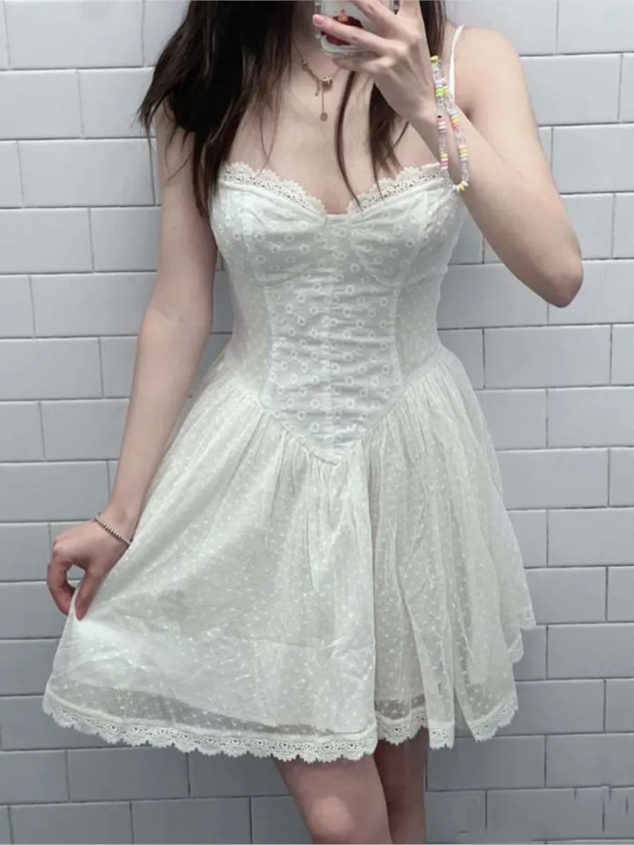 White Lace Trim Bow Mini Dress Women Summer Streetwear Button Sleeveless A-line Short Vestidos Vintage Sweet Elegant Dresses New