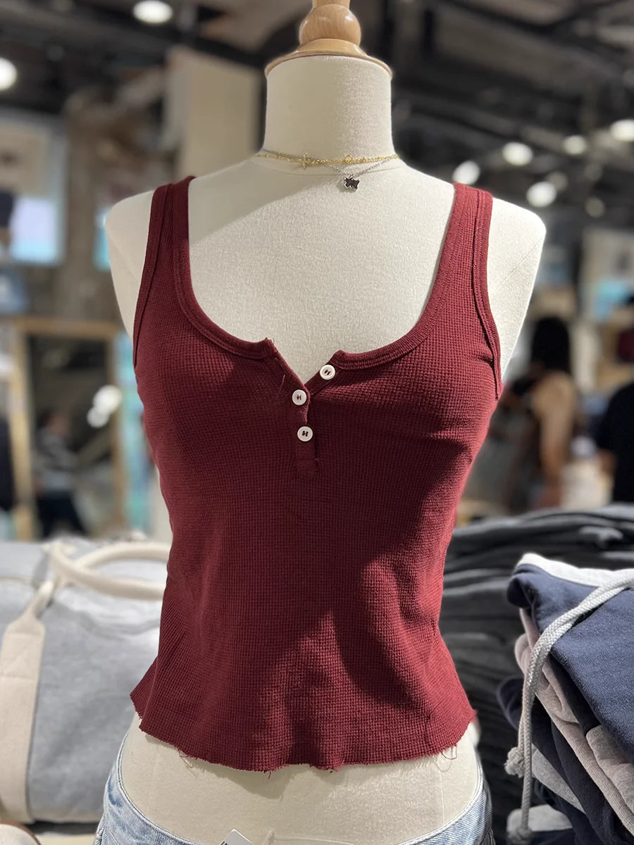 Solid Ribbed Slim Tank Tops Women Streetwear Simple Basic Cotton Buttons Sleeveless Top Female Casual Sweet All-match Y2k Vest