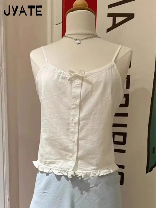 Sweet White Lace-up Ruffles Tank Tops Women Summer New Cotton Sexy Slim Buttons Strapless Vests Cute Vintage Preppy Camisole Y2K