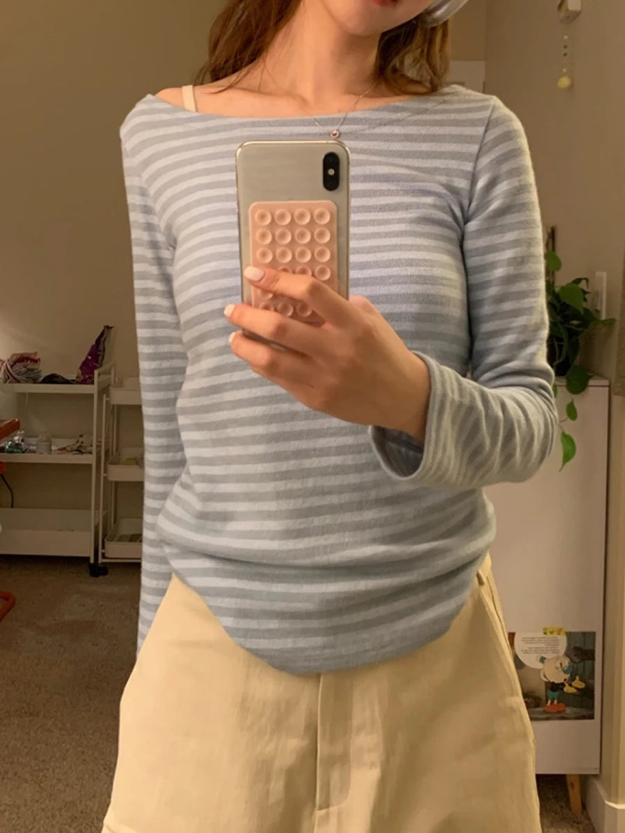 Striped Slim Long Sleeve Tees Women Casual Simple Cotton Crew Neck Tshirt New Tops Clothes Sweet Cute Preppy Style T-shirts Y2K