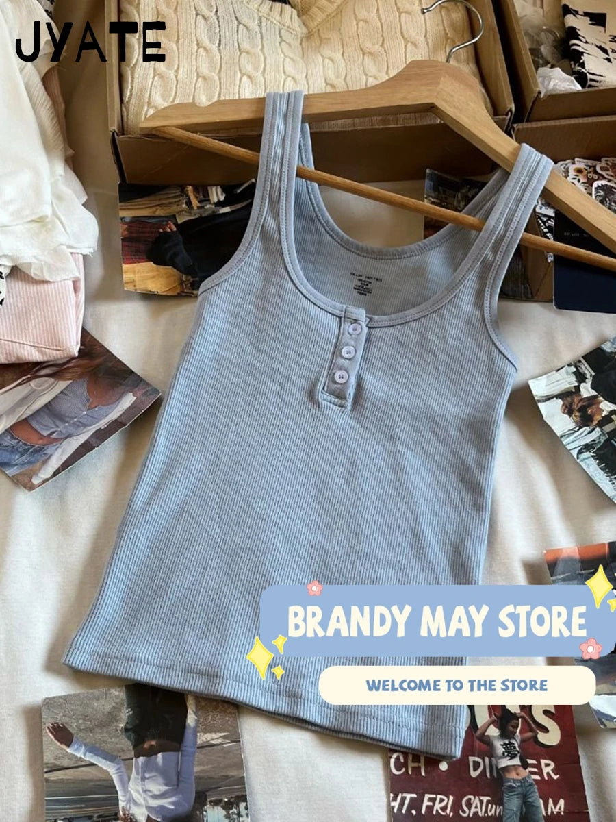 Sweet Pink Ribbed Cotton Tank Tops Women Summer New Casual Simple U Collar Slim Cropped Vests Vintage Chic Basic Camisole Y2K