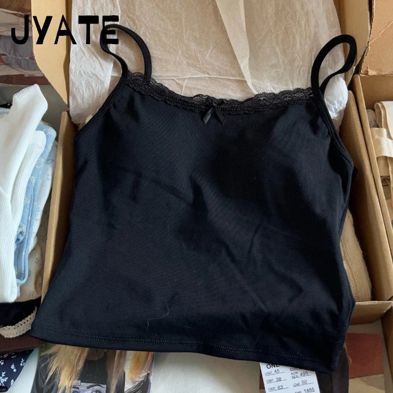 Lace Trim With Chest Pad Tank Tops Women Summer Cotton Casual Bow Slim Sleeveless Cropped Vests Sweet Cute Vintage Camisole Y2K
