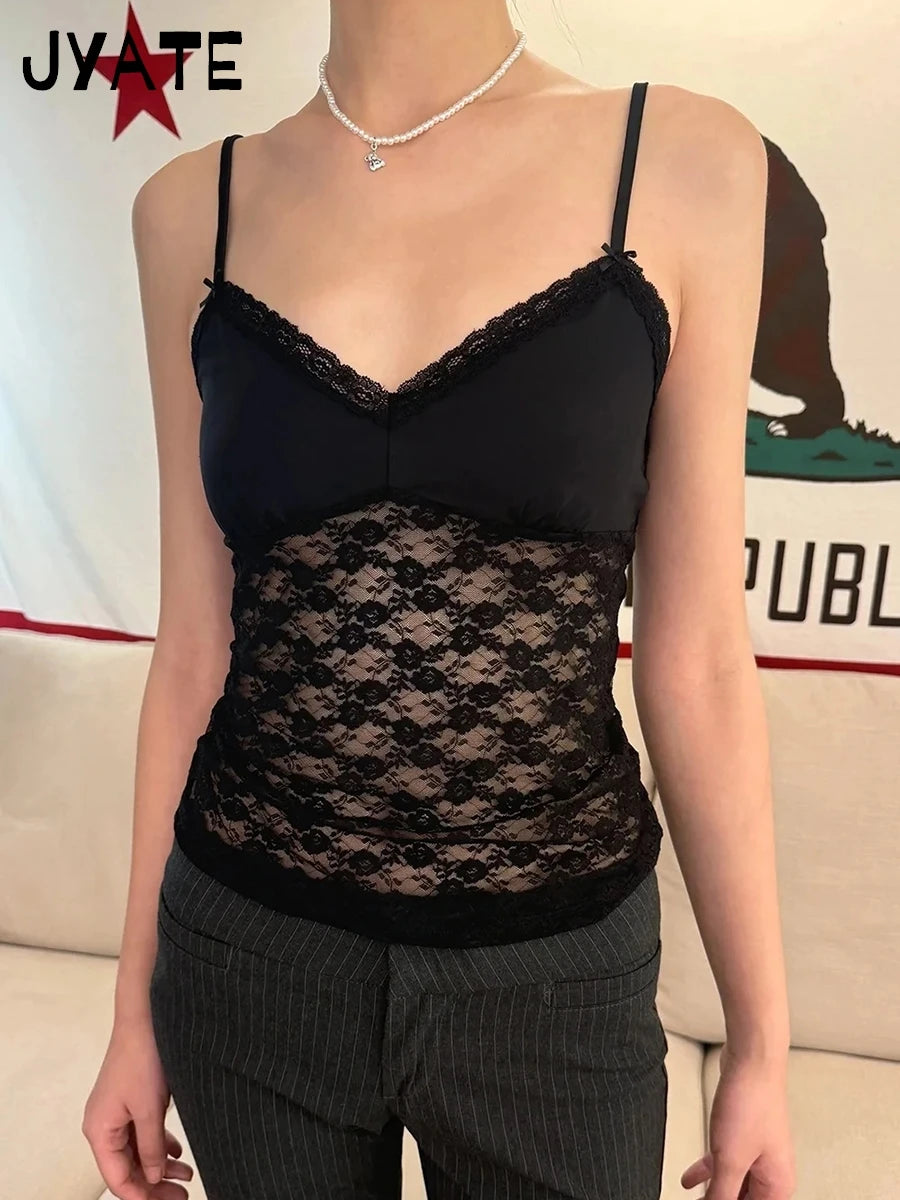 Sexy Lace Bow Transparent Bra Tank Tops Women Summer  Streetwear Sleeveless V-Neck Thin Slim Vest Sweet Vintage Chic Camis Y2K
