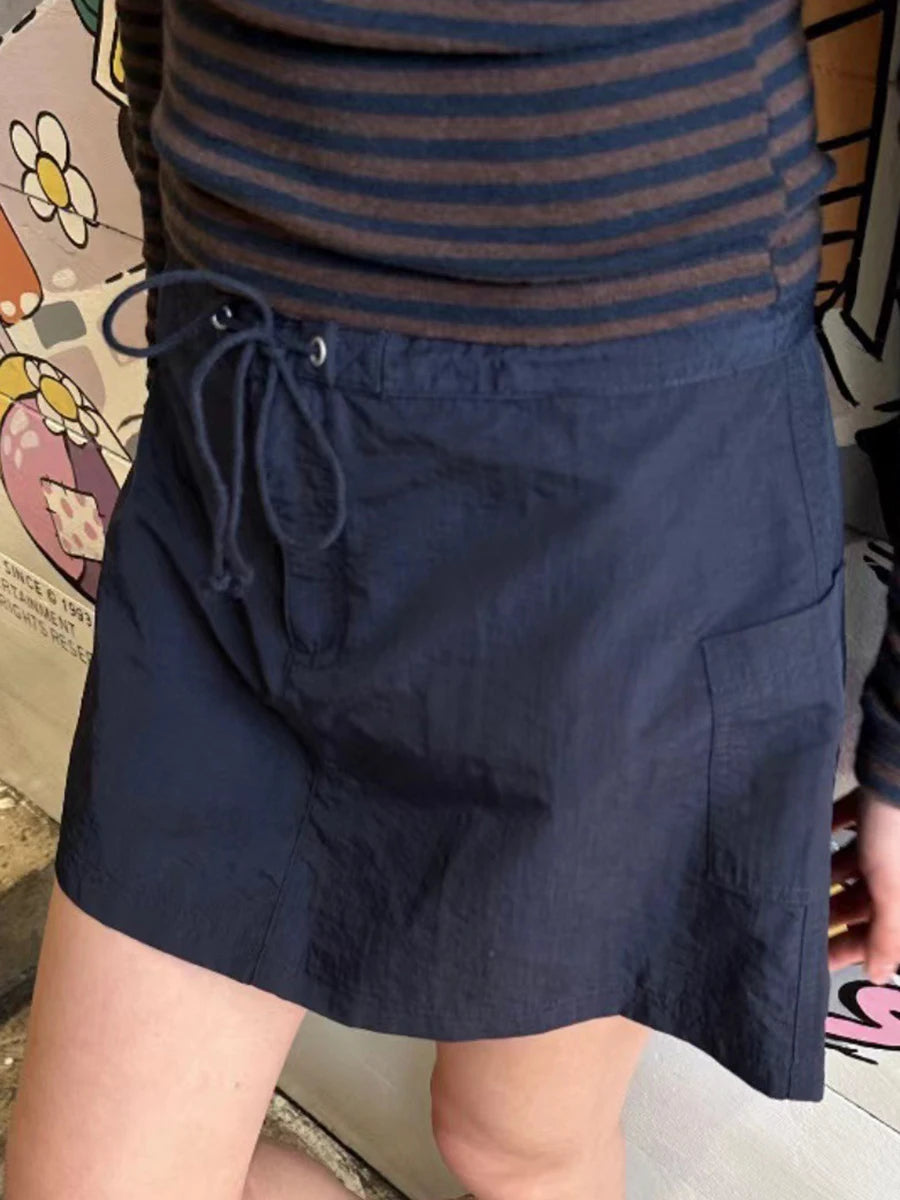 Vintage Pockets Cargo Mini Skirts Women New Casual Solid Streetwear Drawstring Sporty Falda Female Sweet Y2K Chic A-line Skirt