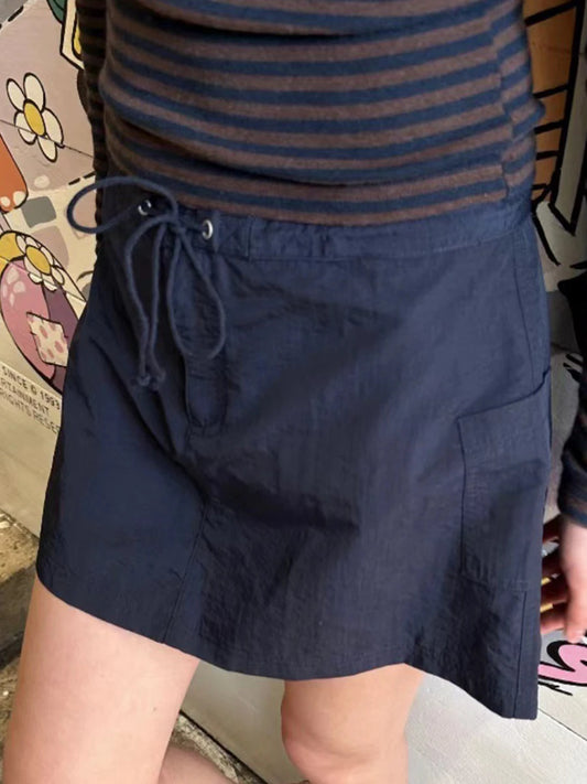 Vintage Pockets Cargo Mini Skirts Women New Casual Solid Streetwear Drawstring Sporty Falda Female Sweet Y2K Chic A-line Skirt