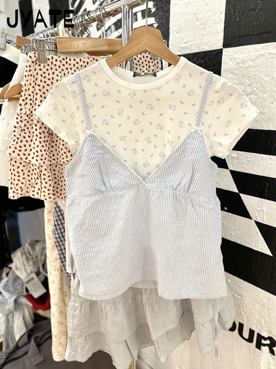 Fashion Blue Striped V-neck Bow Tank Tops Women New Cotton Casual Lace Trim Sexy Sleeveless Vests Sweet Preppy Style Camis Y2K