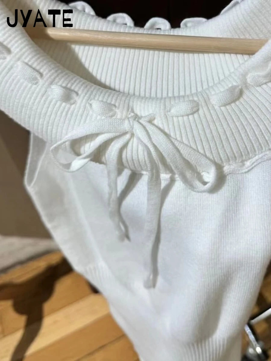 Sweet White Lace-up Knitted Slim Cropped T-shirts Women Cotton Slash Neck Preppy Style Tees Vintage Chic Casual Crop Tops Y2K