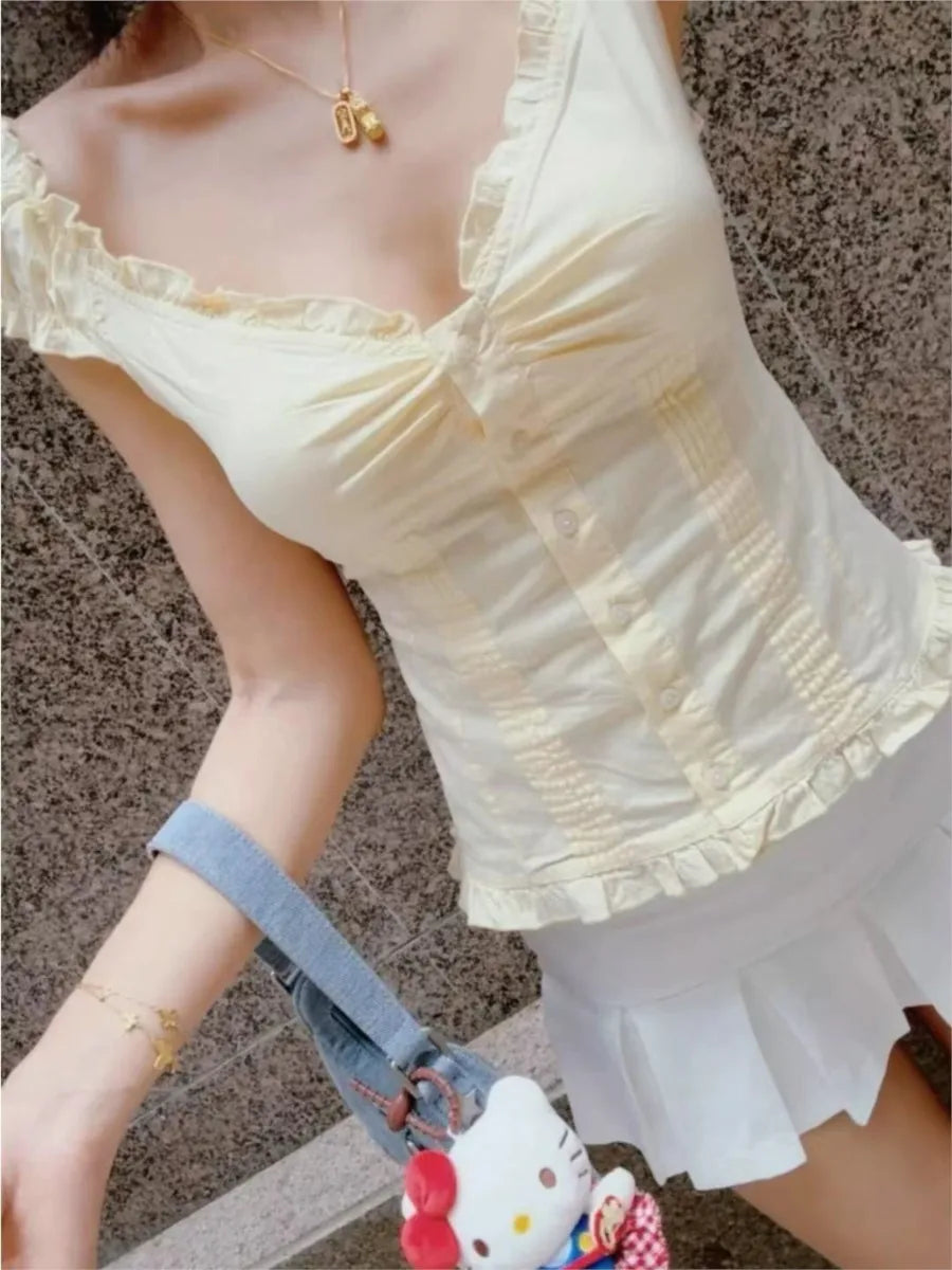 Yellow Sweet Folds Blouse Top Women Casual Single Breasted Ruffle Sleeveless Tank Tops Vest Cute Casual Preppy Style Camis Y2K
