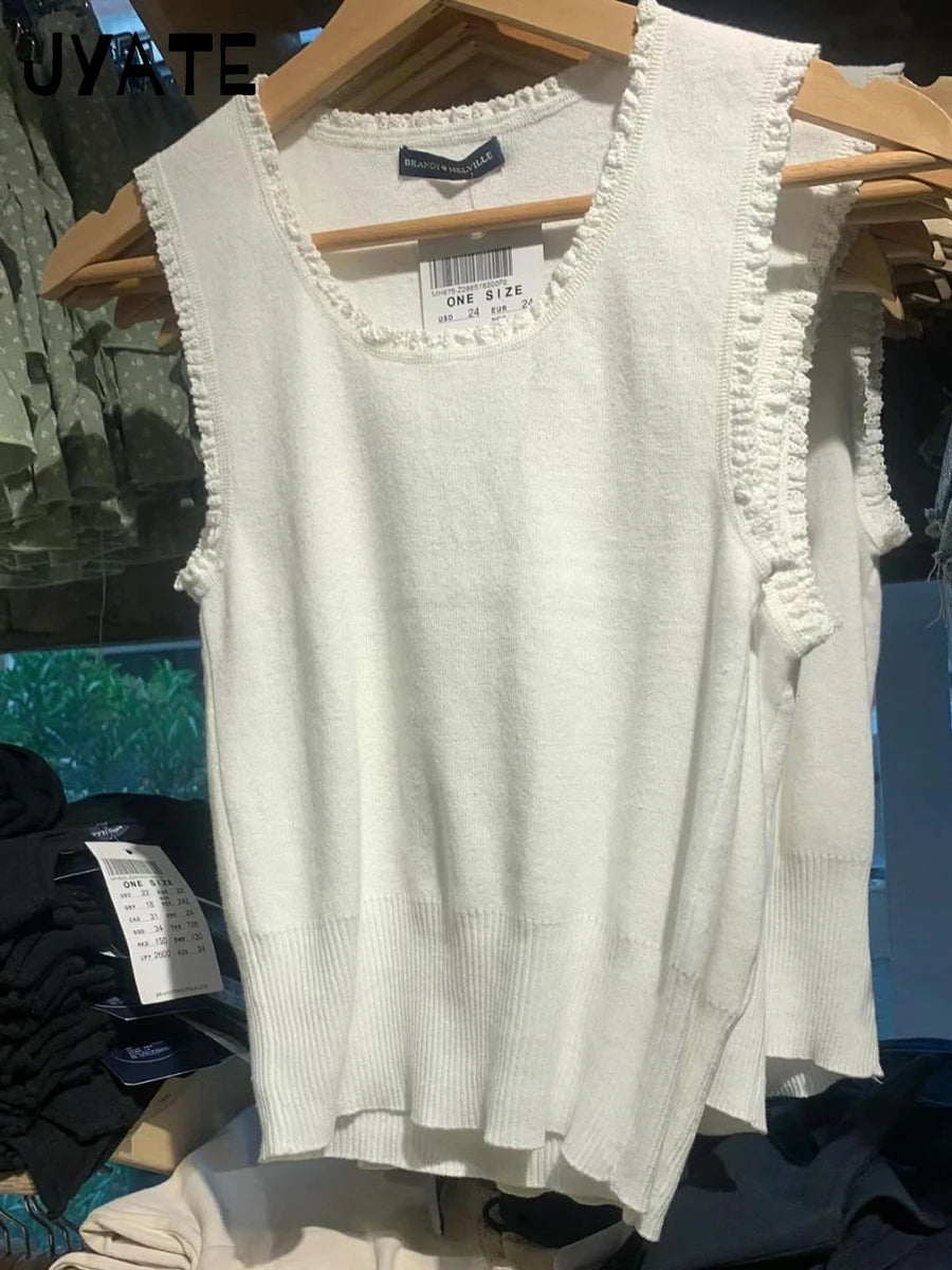 Sweet White Fungus Trim Knitted Tank Tops Women Cotton Soft Round Neck Slim Sleeveless Vests Vintage Simple Casual Crop Top Y2K