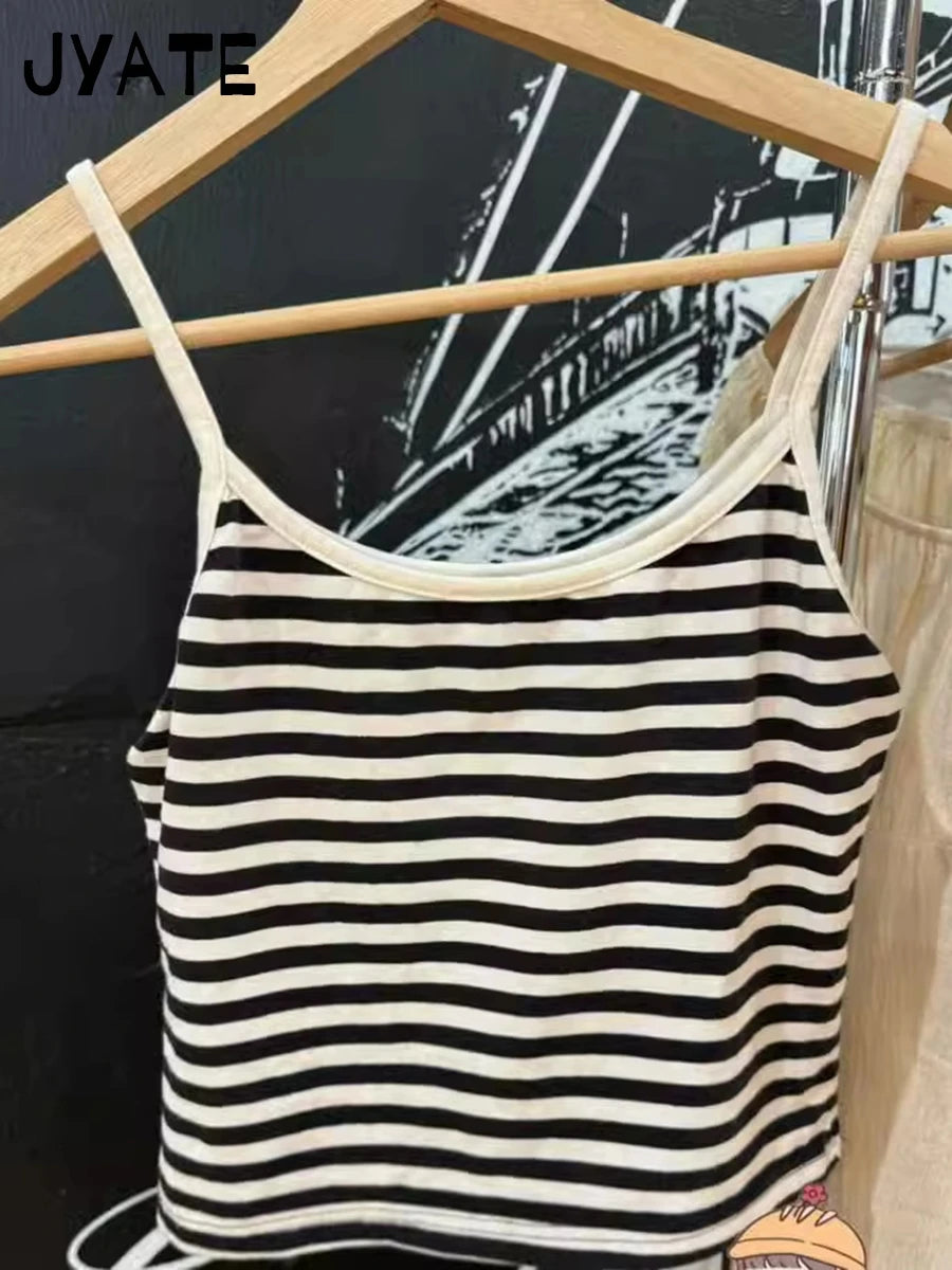 Classic Striped Graphic Cropped Camisole Women New Cotton Soft Slim Casual Simple Sleeveless Vests Vintage Chic Sweet Tank Tops