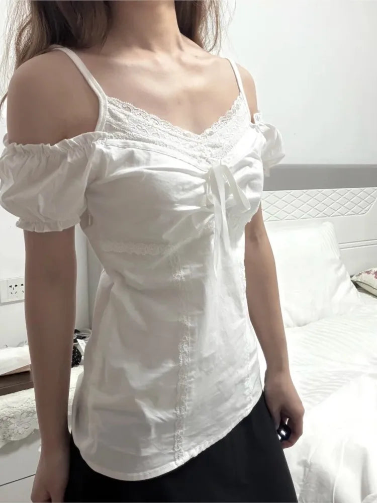 White Lace Trim Tie T-shirts Women Simple Fairy Style Square Neck Cotton Short Sleeve Tees Female Sweet Cute Ballet T Shirt Y2K