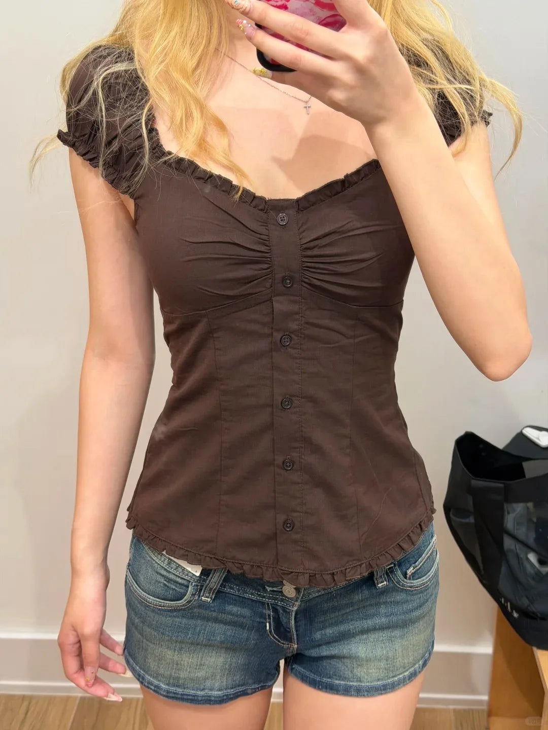 Blue Striped Folds Blouse Top Women New Casual Single Breasted Ruffle Sleeveless Tank Tops Vest Sweet Preppy Style Camisole Y2K