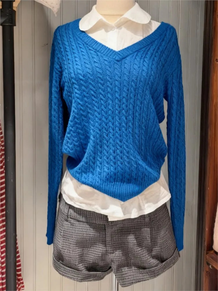 Haze Blue V-neck Knitted Sweater Women Fall Winter Casual Cotton Warm Twisted Flower Pullover Top Sweet Preppy Style Cute Jumper