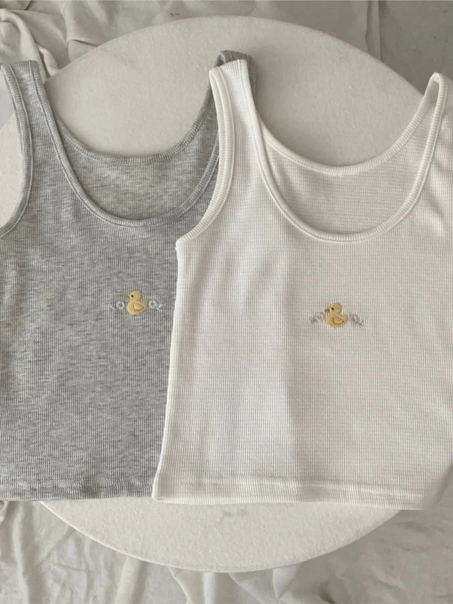 Cute Little Duck Embroidery Tank Tops Women Summer New Cotton Casual U-neck Sleeveless Vests Simple Basic Sweet Camisole Y2K Top