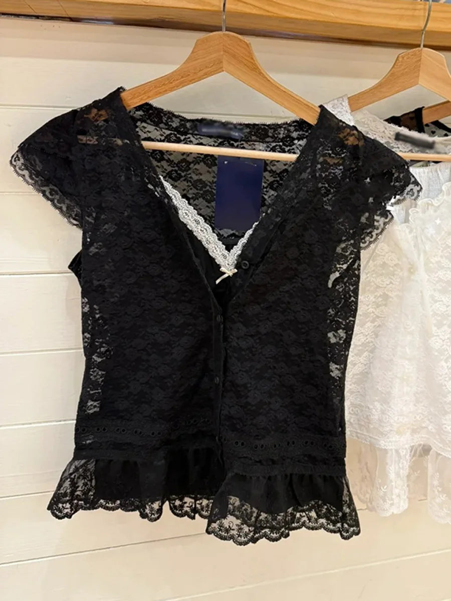 Sweet Jacquard Transparent Crop Tops Women Summer New Bow Lace Mesh V Neck Short Sleeve Tee Vintage Slim Cute Thin T-shirts Y2K