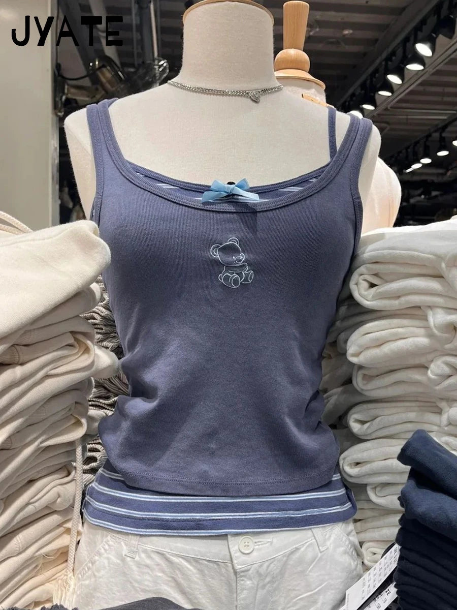 Litter Bear Embroidery Cute Cropped Vests Women New Navy Blue Cotton U-neck Slim Camisole Vintage Harajuku Chic Tank Tops Y2K