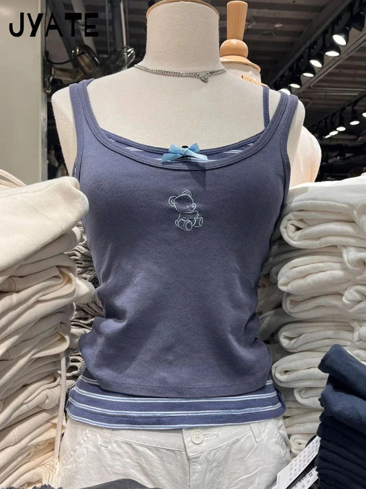 Litter Bear Embroidery Cute Cropped Vests Women New Navy Blue Cotton U-neck Slim Camisole Vintage Harajuku Chic Tank Tops Y2K