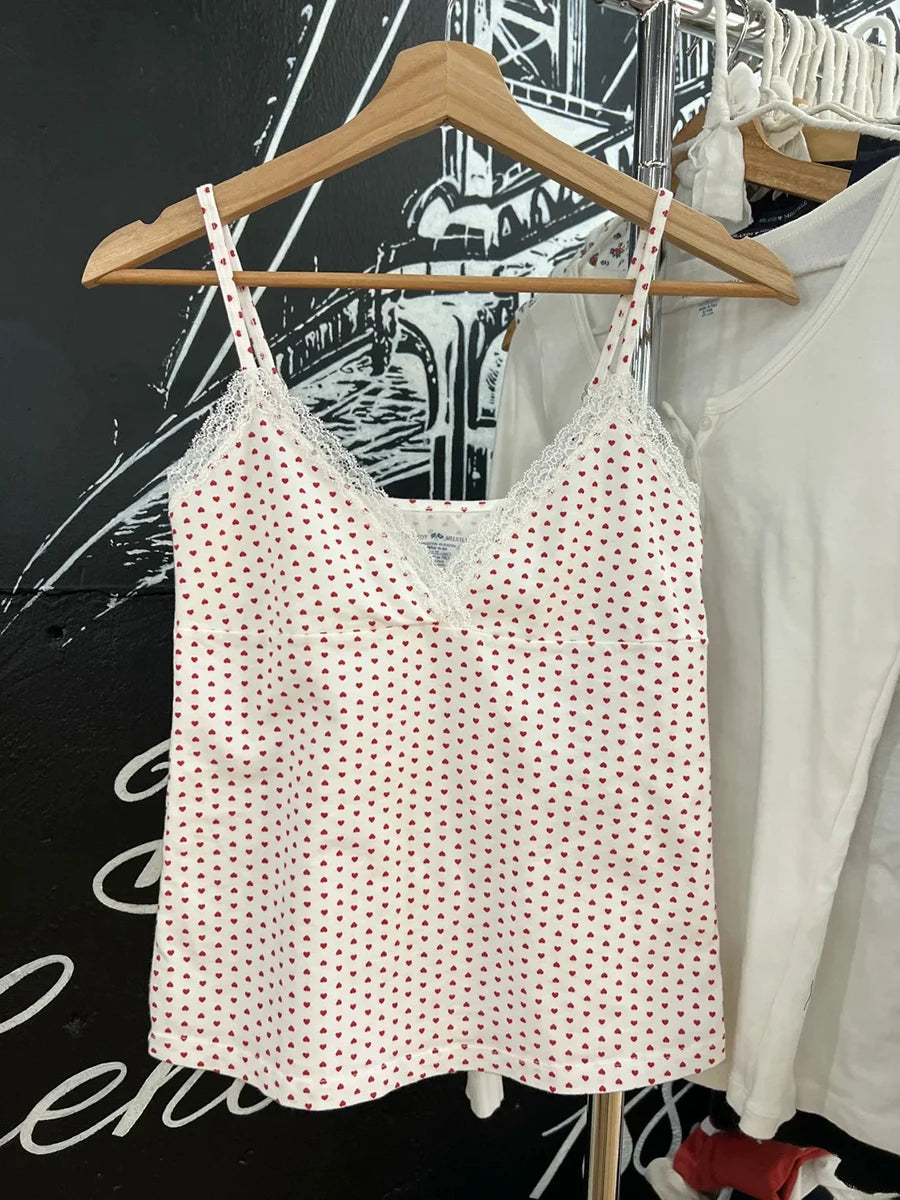 Blue Floral Print Fungus Trim Tank Tops Women Casual Cotton Slim V-neck Sleeveless Bow Camisole Sweet Cute Preppy Style Crop Top