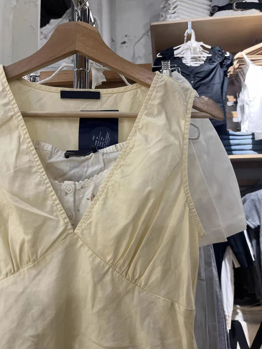 Yellow Sexy V-neck Tank Top Women Summer Cotton Back Lace-up Sleeveless  Camisole Sweet Cute Preppy Style Casual Simple Y2k Tops