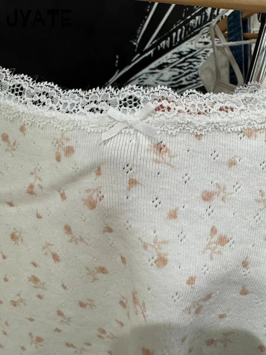 Pink Floral Print Lace Trim Tank Tops Women Summer New Cotton Bow Casual Chic Simple Camisole Girl Sweet Cute Vintage Vests Y2K