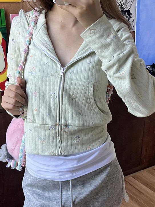 Sweet Print Zip-up Cropped Hoodie Woman Autumn Slim Long Sleeve Cotton Crop Top Preppy Style Streetwear Cute Sweatshirts Top Y2K