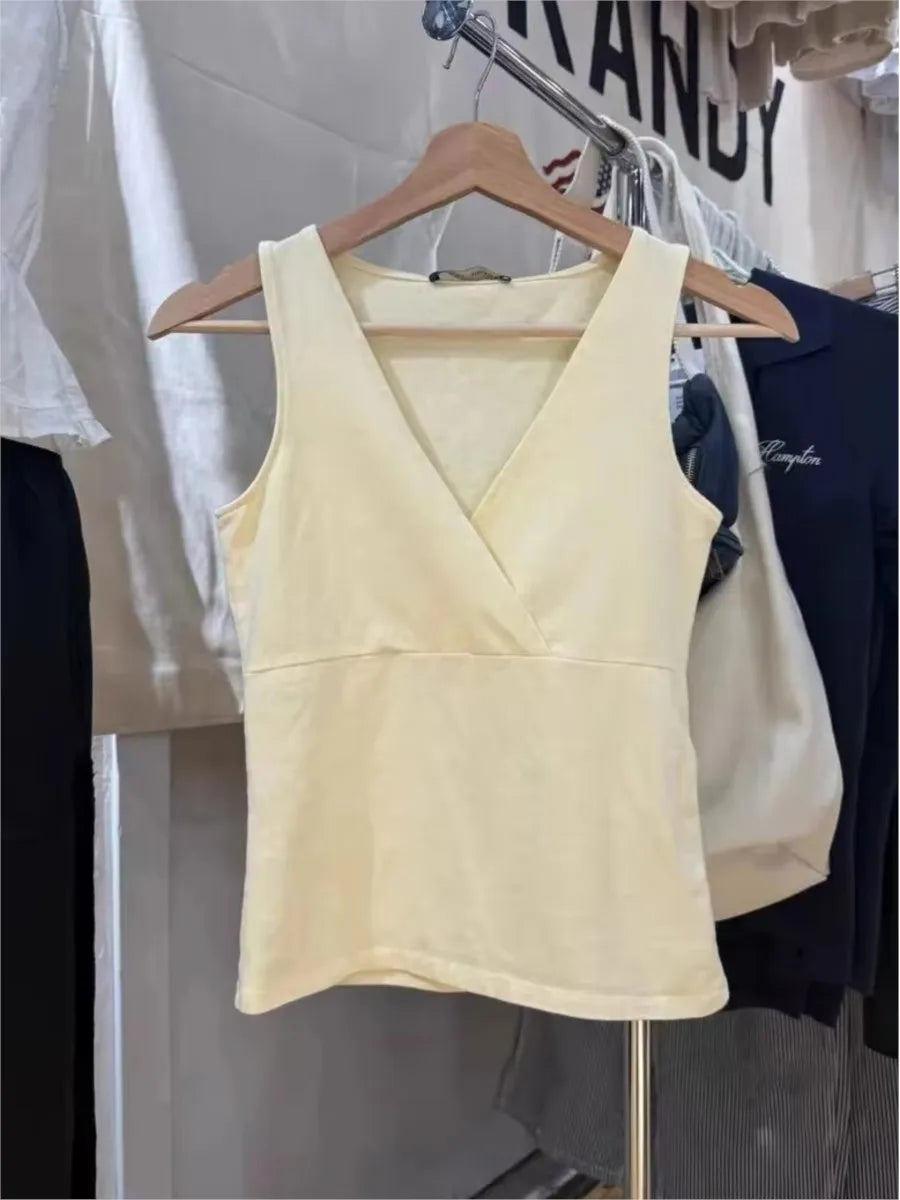 Yellow Slim V-neck Tank Top Women Summer Casual Simple Cotton Sleeveless Vest Clean girl Preppy Style Sweet Basic Camis OOTD New
